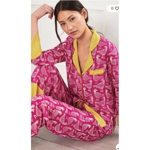 Anthropologie X Jen Hewitt  Pajama Set Bird Of A Feather Novelty All Over Pink L